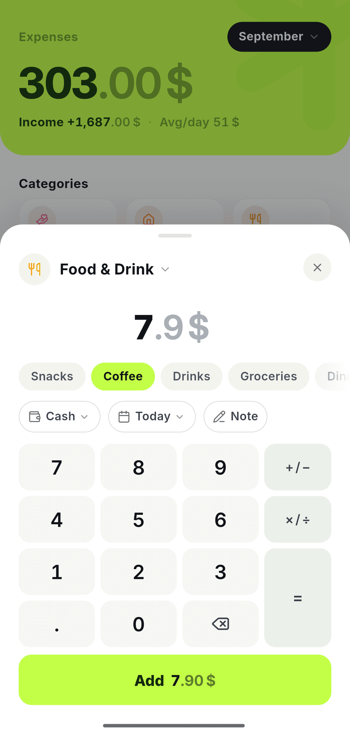 Recording an expense: a calculator keypad, subcategory chips, and quick controls for wallet, date and note.