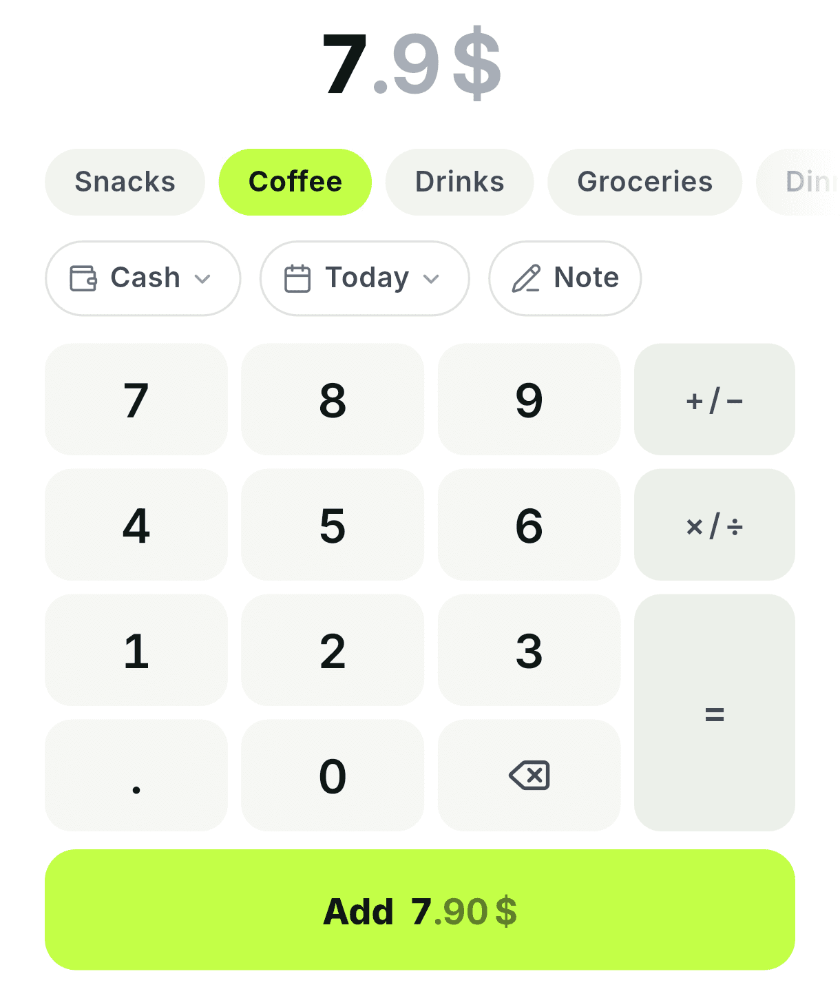 An amount of 48.90 being typed, the Coffee subcategory chip selected, and the wallet, date and note controls beneath it.