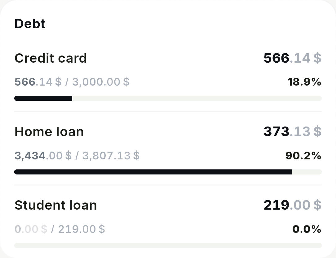 Three debts with how much of each has been paid off, as a percentage and a bar.