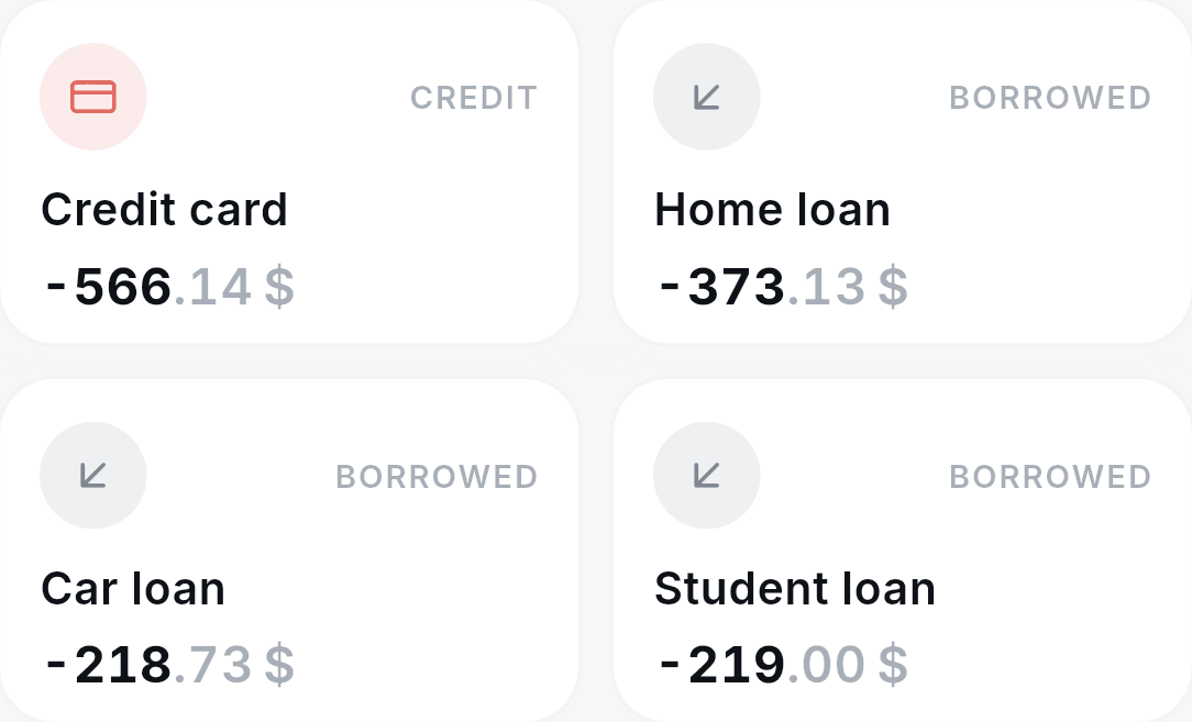 Three liabilities — a credit card and two loans — each showing what is still owed.