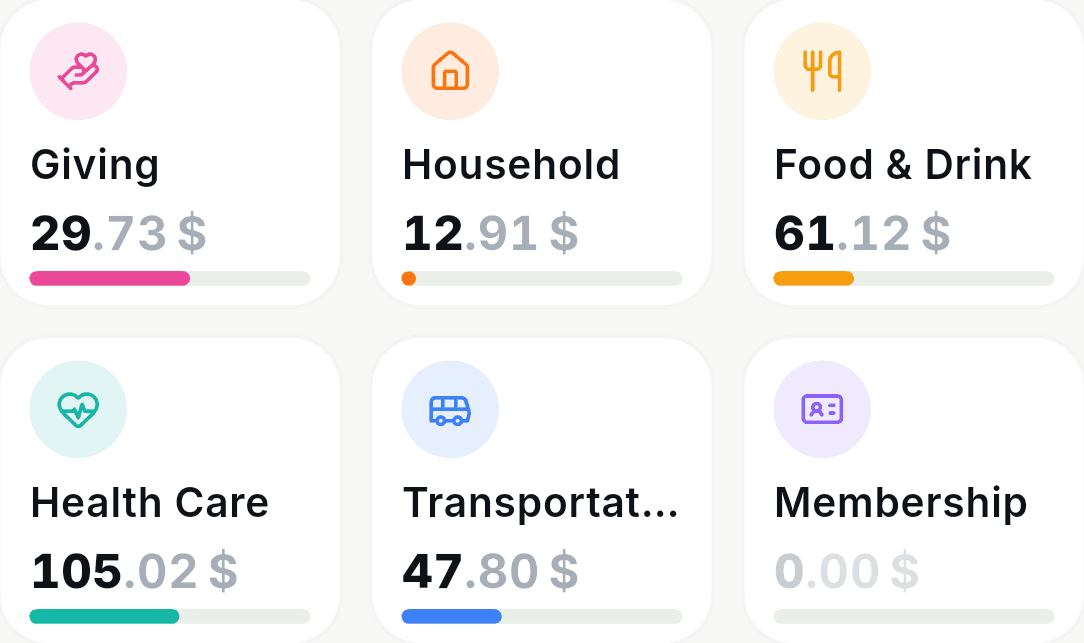 Three category tiles — Food & Drink, Transport and Home & Bills — each showing what it has cost this month.